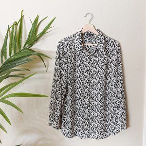 Adriana Papell Black & White Floral Printed Button Up Shirt Size Medium